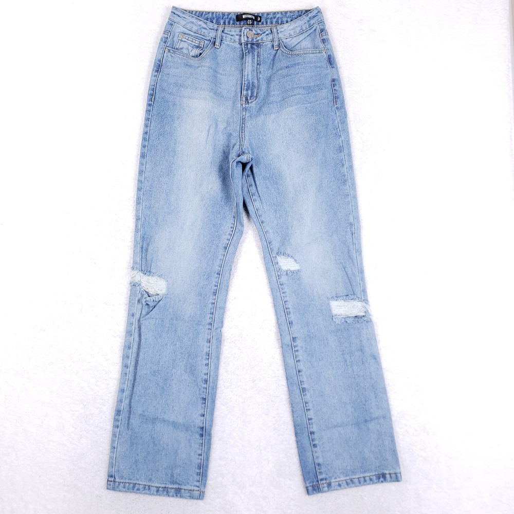 MISSGUIDED Jeans Womens 4R Straight Leg Light Wash Distressed Ripped High Waist